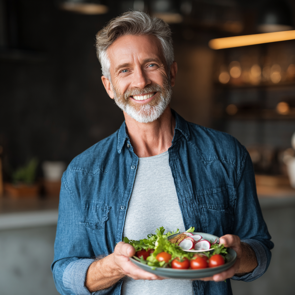 Happy middle-aged person holding healthy meal